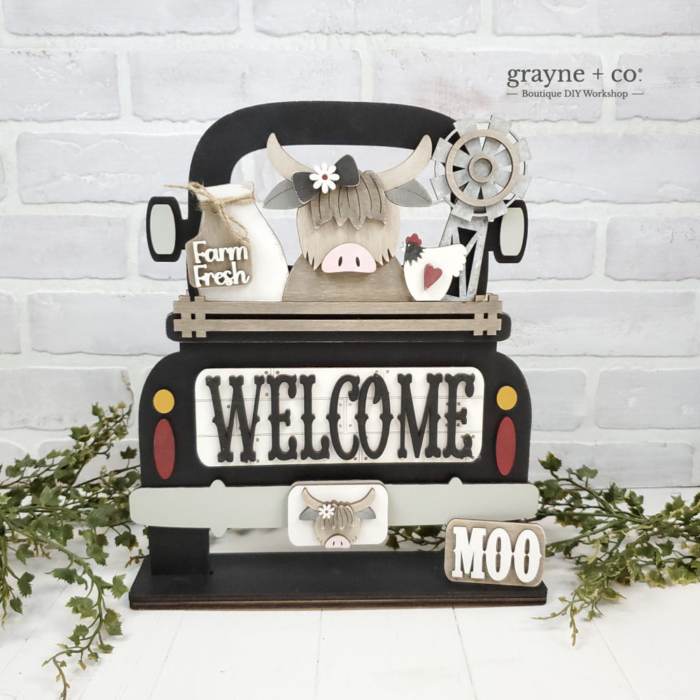 HIGHLAND COW Themed Add on Interchangeable Farmhouse Truck, Breadboard + Round Sign Bases - Wood Blank Kit